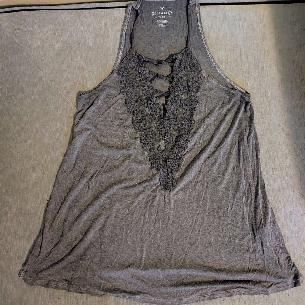 American Eagle Soft & Sexy Line Gray Lace Accent Tank Top Size M